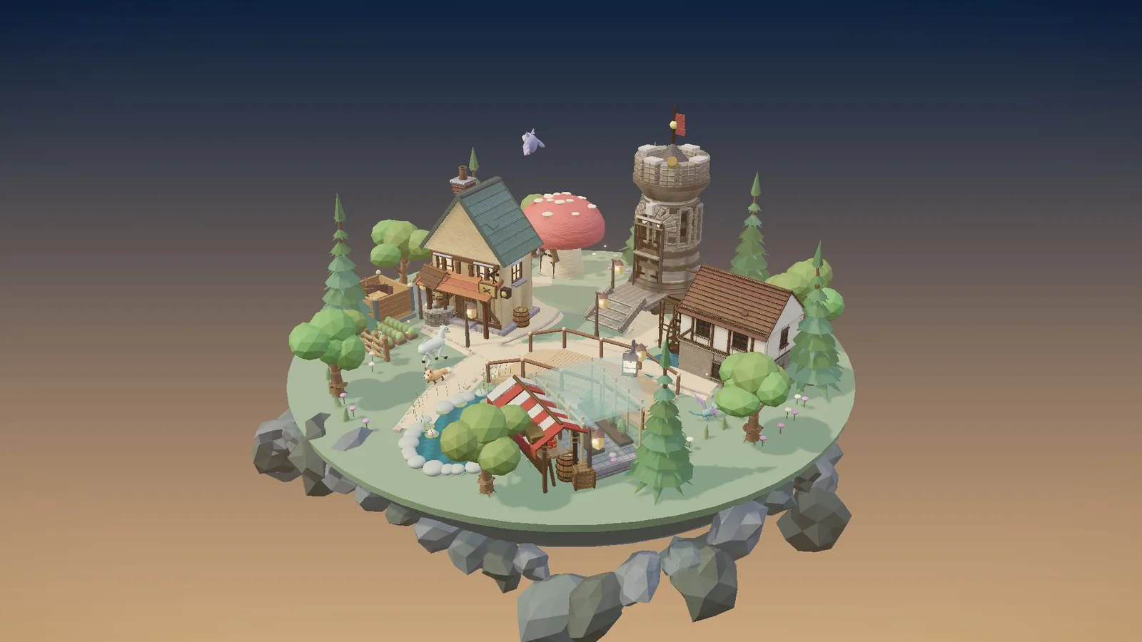A village at golden hour rendered with 3Dviz Pro Max